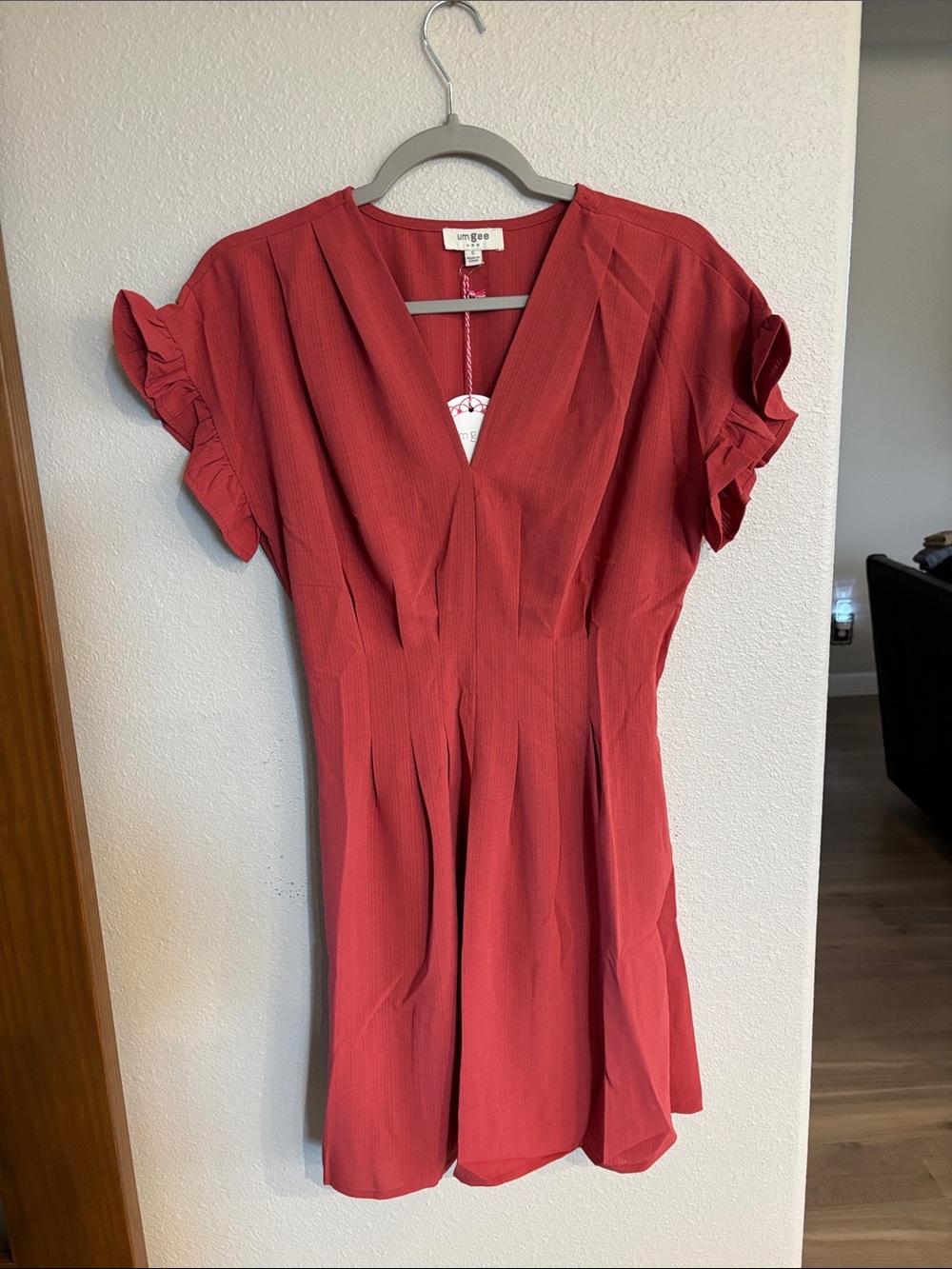 Umgee Rust Red V-Neck Ruffle Sleeve Mini Dress